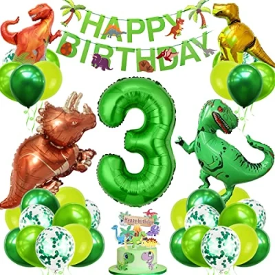 Afbeelding van verjaardag dinosaurus, ballon 3 jaar, nummer 3, groen, helium, verjaardagsdecoratie, jongens, cijfer