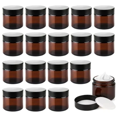 Afbeelding van Amber glas, leeg, 16 stuks, 60 ml, cosmeticaglas, lege blikjes, bruine glazen containers, zalfpotjes, navulbare cosmeticapotjes voor crèmes, lotions, etherische oliën, poeder, ml