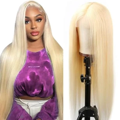 Afbeelding van Tuheerst Straight Human Hair Wig Blonde #613 4X4 Lace Remy Glueless Wear and Go with Baby 100% Unprocessed Brazilian Virgin No Smell Tangle for Woman 32 Inch
