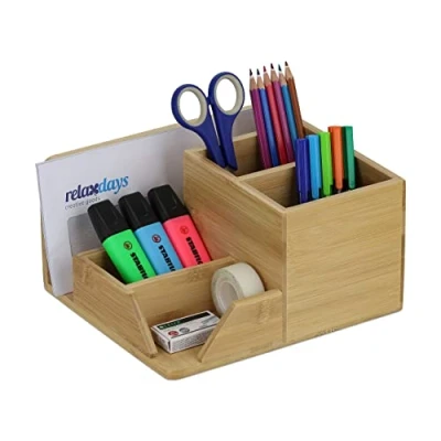 Afbeelding van Relaxdays bureau organizer bamboe met 5 vakken pennenbak groot pennenhouder