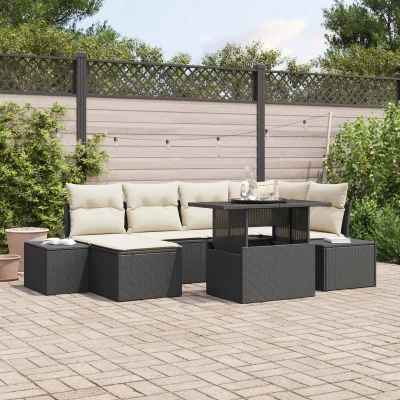Afbeelding van vidaXL Tuin Sofa Set van 7 Beige, Zwart Rattan, Polyester kussens