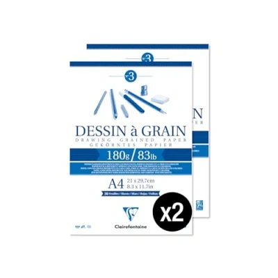 Afbeelding van Clairefontaine 96624AMZC Een set met 2 gelijmde tekenblokken, korrelgrootte, 30 vellen, tekenpapier gemarkeerde korrel, A4, 21 x 29,7 cm, 180 g, ideaal voor tekenen en schetsen potlood, vilt
