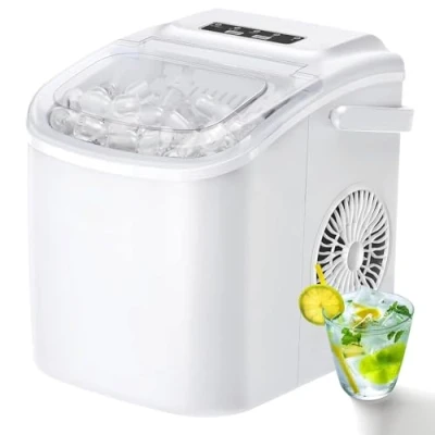 Afbeelding van Kleine ijsblokjesmaker, draagbare ijsblokjesmachine met handvat, 9 ijsblokjes in 6 minuten, zelfreinigende ijsmachines voor thuis, wit