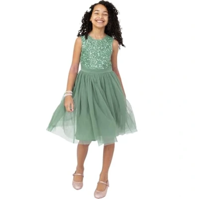 Afbeelding van Maya Deluxe Midi jurk voor meisjes, pailletten, feestjurk, tutu, bruidsmeisjes, bruiloft, met ceintuur, Diepe munt, 9 10 jaar