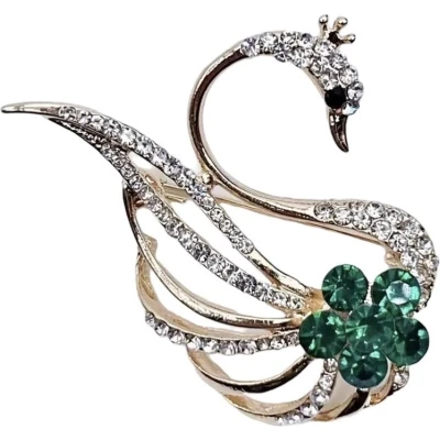 Afbeelding van Broche Zwaan Strass met Groene bloem ( Goudkleurig)4.5 x 5.2 cm