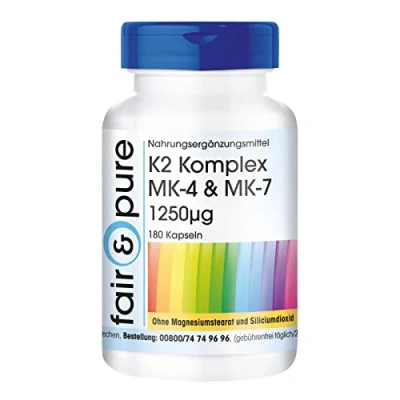 Afbeelding van Fair &amp; Pure® K2 Complex 1250mcg MK 4 7 vegan vitamine hoge dosering MK7 zonder magnesiumstearaat 180 capsules menaquinone en