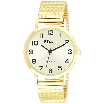 Afbeelding van Ravel Traditioneel uniseks horloge met duidelijke, numerieke wijzerplaat op een elastisch bandje Analoge Kwarts R0201.11.1S Goudkleurig/goud