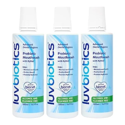 Afbeelding van LUVBIOTICS Mondspoeling, Fluoridevrij, Met Orale Probiotica en xylitol, bevordert goede bacteriën voor een frisse adem, gezond tandvlees tanden. Vrij van Alcohol, SLS, Parabenen, 500 ml, 3 Stuk