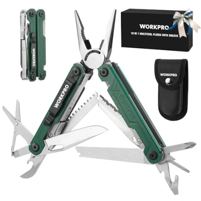 Afbeelding van WORKPRO Multifunctionele Tang, 18 in 1 Multitool, Opvouwbaar Multifunctioneel Gereedschap van Roestvrij Staal met Flesopener, Schaar, Riemclip voor Kamperen, Repareren, Cadeau Draagtas