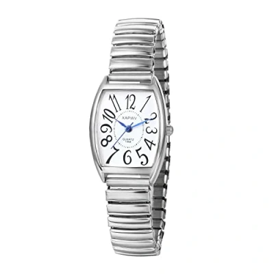 Afbeelding van JewelryWe Vrouwen Elastische Horloge Gemakkelijk Lezer Analoge Quartz Stretch Band voor Valentijnsdag, Vierkante Arabische cijfers Zilver, armband
