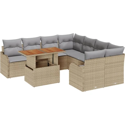 Afbeelding van vidaXL 9 delige tuinsofa set met kussens Beige poly riet