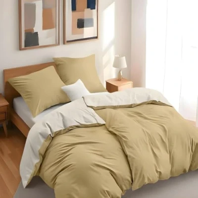 Afbeelding van Dreamzie 2 dekbedovertrekken 135x200 cm met kussenslopen 80x80 Beige/Zand Bedset in 100% microvezel 4 stuks Gecertificeerd vrij van chemicaliën (Oeko TEX)