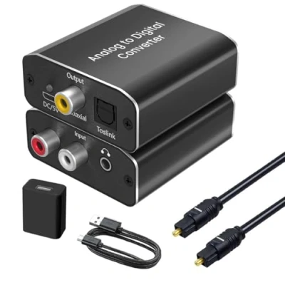 Afbeelding van AMANKA Analoog naar Digitaal Audio Converter,DAC RCA 3.5mm Jack Toslink/SPDIF Coaxial Adapter met Toslink Kabel en Voedingsadapter voor TV DVD Blu Ray PS3 Xbox Sky FireTV Aluminium