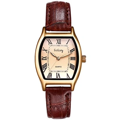 Afbeelding van JewelryWe Dameshorloge, analoog kwartshorloge, klassiek business casual horloge met leren armband voor vrouwen en meisjes, Type 3 rechthoek bruin, Riemen.