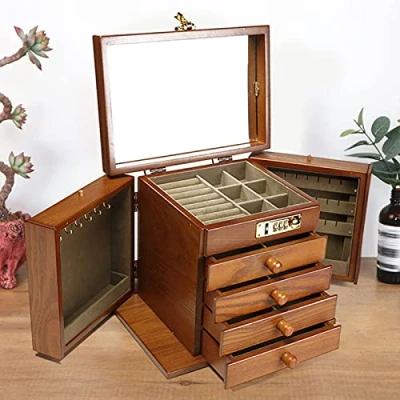 Afbeelding van 5 lagen + 2 uitklapbare houten sieradenkastjes, grote sieradenkistjes, sieradenkistje, afsluitbare koffer, showbox, vitrine, sieradenbox, antiek, met cijferslot, spiegel