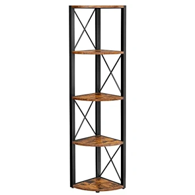 Afbeelding van VASAGLE Boekenkast met 5 niveaus, hoekplank, staande plank, opbergplank, voor woonkamer, badkamer, keuken, hal, eenvoudige montage, vintage bruin zwart LLS805B01