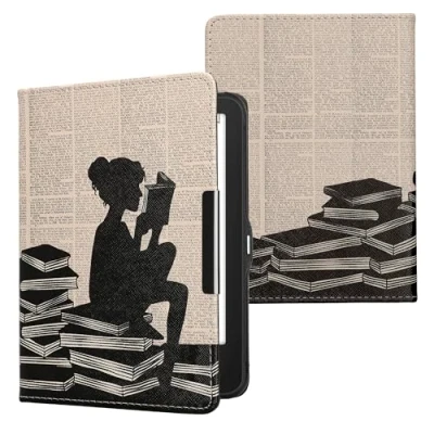 Afbeelding van kwmobile E reader hoesje geschikt voor Tolino Vision 1 / 2 3 4 HD hoes flip case met magnetische sluiting Ereader cover Meisje boeken design in zwart beige