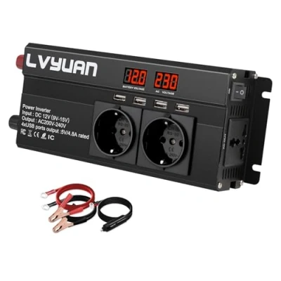 Afbeelding van LVYUAN Spanningsomvormer, 12 V, 230 800 W/1600 W, omvormer met 3 stopcontacten en 4 USB led spanningsindicator