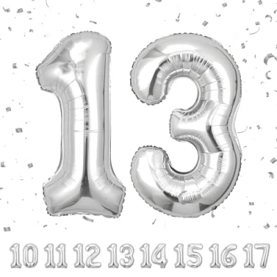 Afbeelding van Ballonnen voor verjaardag 13 jaar, zilver, 101 cm, verjaardagsdecoratie een man en vrouw, opblaasbaar cijfer van folie, beige, jaar