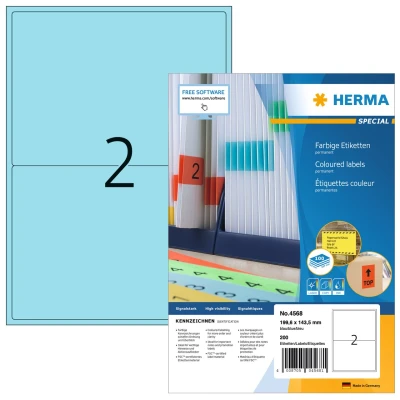 Afbeelding van HERMA 4568 Gekleurde etiketten A4 blauw 199,6x143,5mm papier permanent hechtend 1400 st.