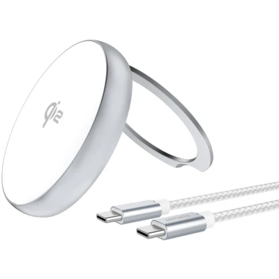 Afbeelding van 4Smarts Qi2 Draadloze MagSafe Oplader met Kickstand 15W Zilver / Wit