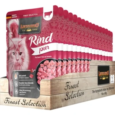 Afbeelding van Leonardo zak [16 x 85 g zuiver rund] natvoer zonder granen voor katten compleet voer in praktische afzonderlijke porties