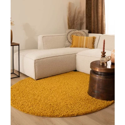 Afbeelding van Rond Hoogpolig Vloerkleed Shaggy Trend Effen Okergeel 160 Cm