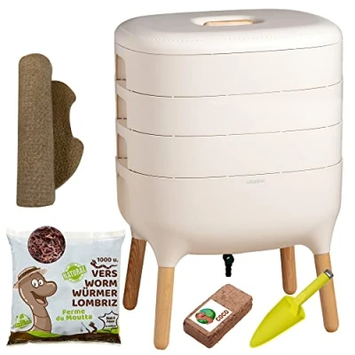 Afbeelding van Moutta Urbalive 3 bakjes Ivoor, Complete Kit I Wormenbak Design 500gr Compostwormen Startersubstraat Hennepmat + Schep Binnen, balkon en tuin
