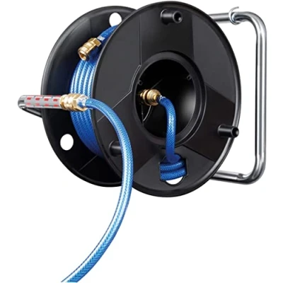 Afbeelding van slanghaspel met persluchtslang, 20 meter, Made in Austria, Brennenstuhl 1127010010, slanghaspel, 6/12 mm, robuuste houders voor wandmontage, zwart/blauw