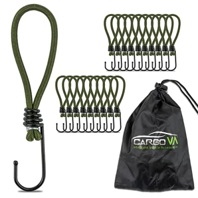 Afbeelding van CargoVA® 20 elastieken met haken en praktische zak uitbreidingshaken voor dekzeilen netten olijfgroen 15cm lang [20 stuks].