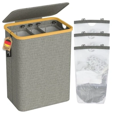 Afbeelding van AdelDream wasmand met deksel, 3 vakken, 160 liter, wasmand, waszak, smal, grijs