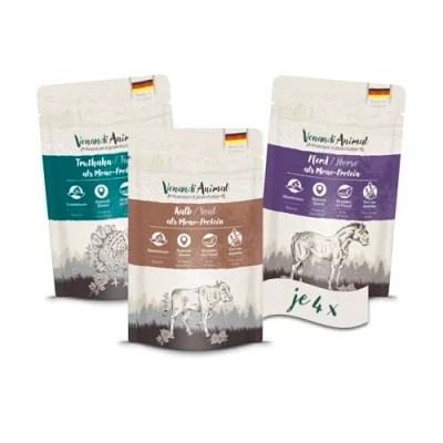Afbeelding van Venandi Animal Premium Kattenvoer, natvoer, probeerpakket II, paard, kalf, kalkoen, graanvrij en natuurlijk, 12 x 125 g (12 stuks)