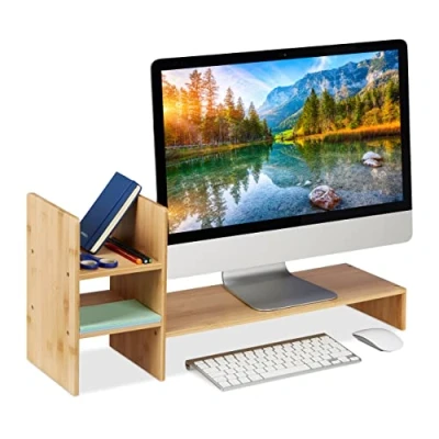 Afbeelding van Relaxdays monitorstandaard met opbergruimte monitorverhoger bamboe bureau organizer
