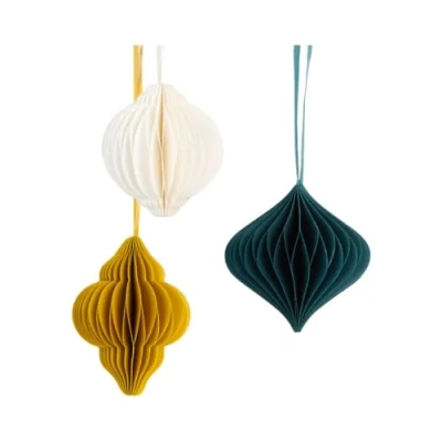 Afbeelding van Talking Tables Papieren honingraat kerstboomdecoraties Pack van 3 hangende kerstballen in wit, groen en geel