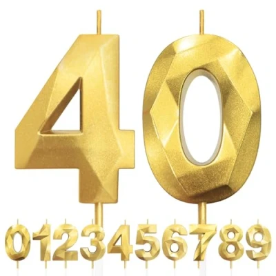 Afbeelding van 40e verjaardag kaarsen, nummer 40 kaars, gouden verjaardagskaarsen voor taart, diamant 3D Happy Birthday taartkaars decoraties verjaardagsfeestje bruiloft viering