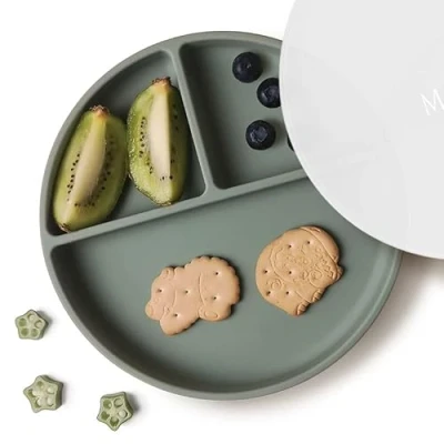 Afbeelding van Moonkie Siliconen Babybord, Babybord met Zuigvoet, BPA Vrij Antislip Kinderborden, Split Bordenset Deksel, Magnetron en Vaatwasmachinebestendig(Grijsgroen)