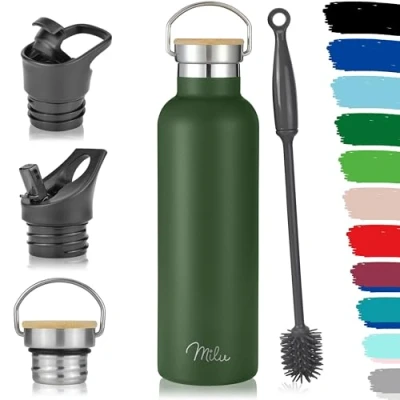 Afbeelding van Milu Roestvrijstalen drinkfles, 350 ml, 500 750 1000 ml (+ 3 deksels), thermosfles met rietje, geïsoleerde waterfles, lekvrije thermosbeker, dubbelwandig, olijfgroen,