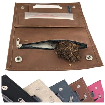 Afbeelding van Tabakstas used Leather touch tabakszak voor draaitabak met vakken filter vloeitjes aansteker (3.) cognac long)