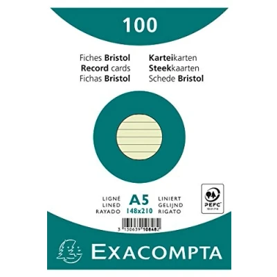 Afbeelding van Exacompta Ref 10848SE Bristol Lined Record Cards (Pack van 100) A5 in grootte, 205gsm kaart, compatibel met printers Geschikt voor examenrevisie en notities Groen