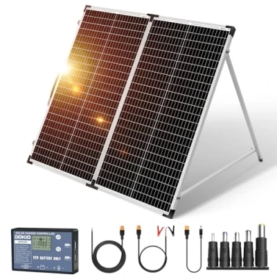 Afbeelding van DOKIO Zonnepaneel Draagbaar Opvouwbaar 160W 18V met solar oplader (2 USB poorten) voor 12V Batterij, inclusief transporttas, camping, camper of boot op zonne energie
