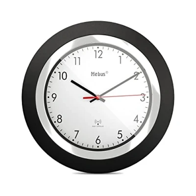 Afbeelding van Mebus draadloze wandklok/klassiek model/zwart frame/witte wijzerplaat/24 cm diameter/ronde/radiogestuurde klok (DCF77) /model: 19451/kleur: zwart, wit
