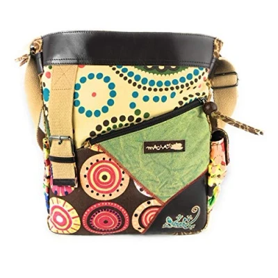 Afbeelding van Macha etnische katoenen tas met kleurrijke prints en lederen inzetstukken, boho hippie schoudertas voor dames, Indiase schoudertas, Groen, largeur : 32 cm, hauteur 35