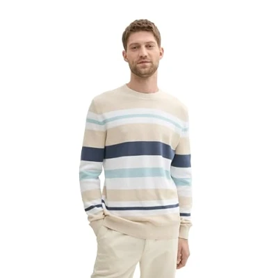 Afbeelding van TOM Tailor Gestreifter Trui, Heren, Maat: Medium, Sand white multi color stripe