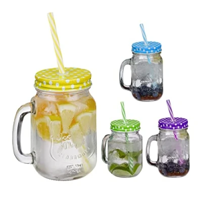 Afbeelding van Relaxdays drinkglazen met rietje set van 4 handvat deksel stippen mason jar