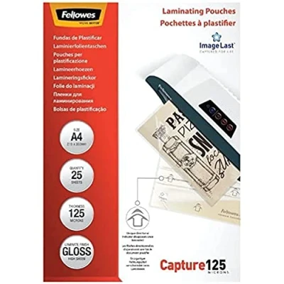 Afbeelding van Fellowes Lamineerfolie A4 ImageLast, 125 micron (2 x micron), 25 stuks, transparant met uitlijningshulp. Ideaal voor foto&#039;s en informatie optimaal contrast