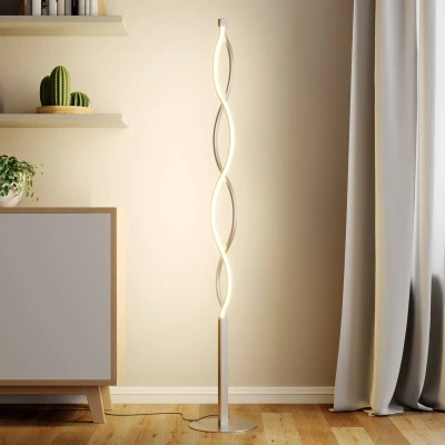 Afbeelding van Lindby LED vloerlamp met dimmer 2 lichts metaal, PMMA H: 150 cm gesatineerd nikkel, wit Inclusief lichtbronnen