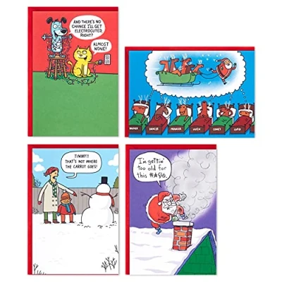 Afbeelding van Hallmark Schoenendoos Grappig Boxed Kerstkaarten Assortiment, Feestelijke Cartoons (4 Ontwerpen, 24 Kaarten met Enveloppen)