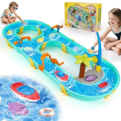 Afbeelding van Gaethra watertafel speelgoed 3+ jaar, voor kinderen, outdoor, met 2 boten, 6 dierenfiguren, waterbaan buiten, waterpark, speelset kinderen vanaf 3 jaar