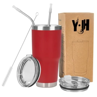 Afbeelding van Y·J&amp;H 30oz (850ml) Travel Tumbler Dubbelwandige vacuüm geïsoleerde koffiemok roestvrij stalen koffiekop met 2 spatwaterdicht deksel, rietjes en gratis reinigingsborstel, BPA vrij Rood