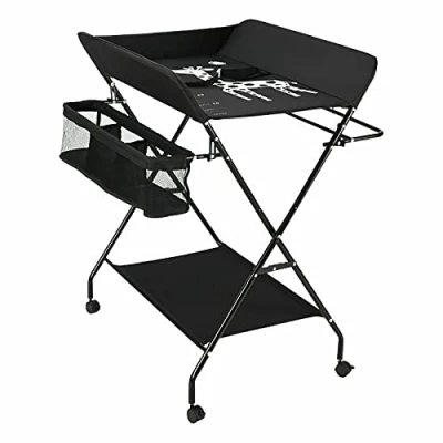 Afbeelding van Inklapbare commode in hoogte verstelbaar, klaptafel met/zonder wielen, mobiele met aankleedkussen, veiligheidsgordel en opbergvakken, geschikt voor baby&#039;s peuters